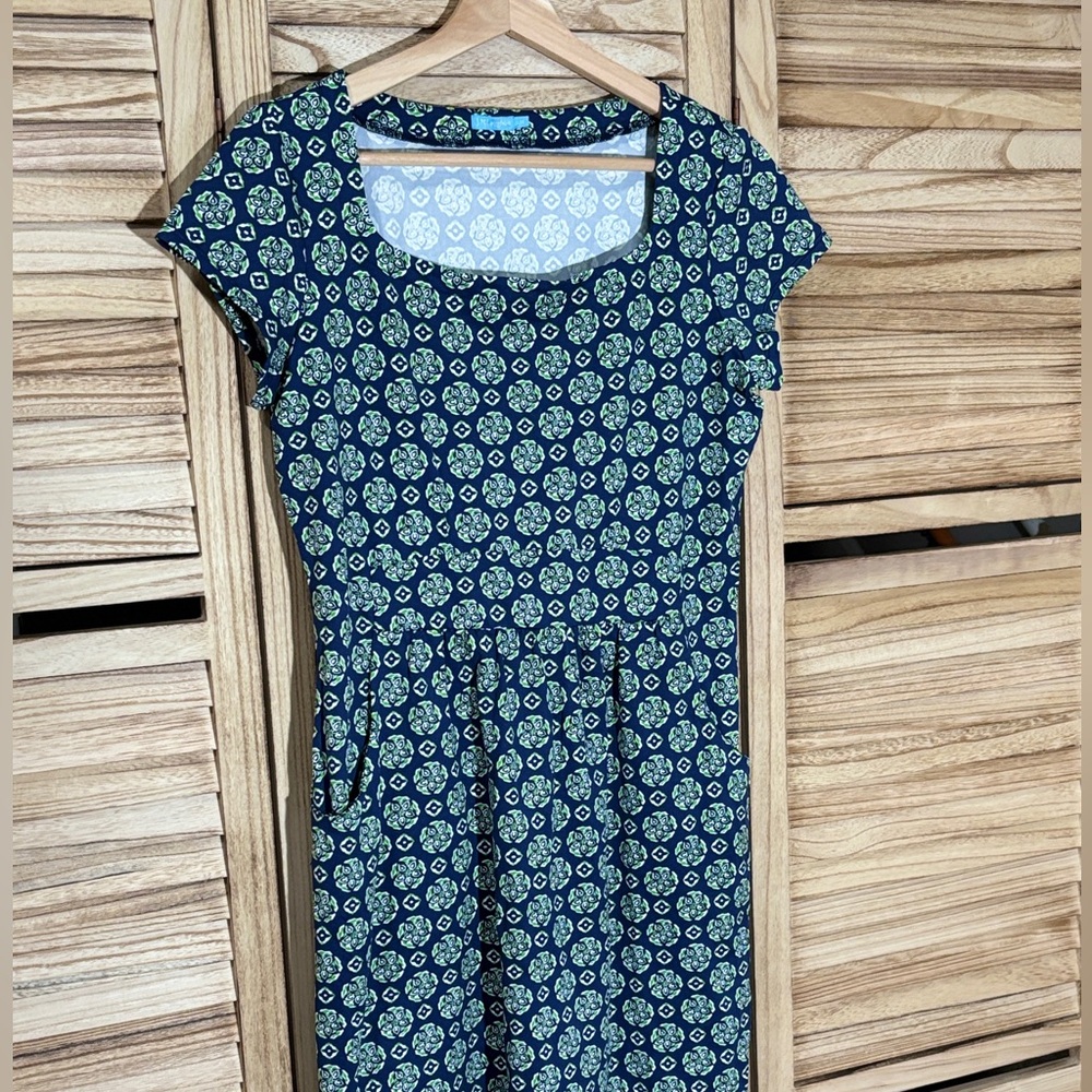J. McLaughlin Catalina Cloth Dress Medium Navy Blue Green White Mid Mod Print